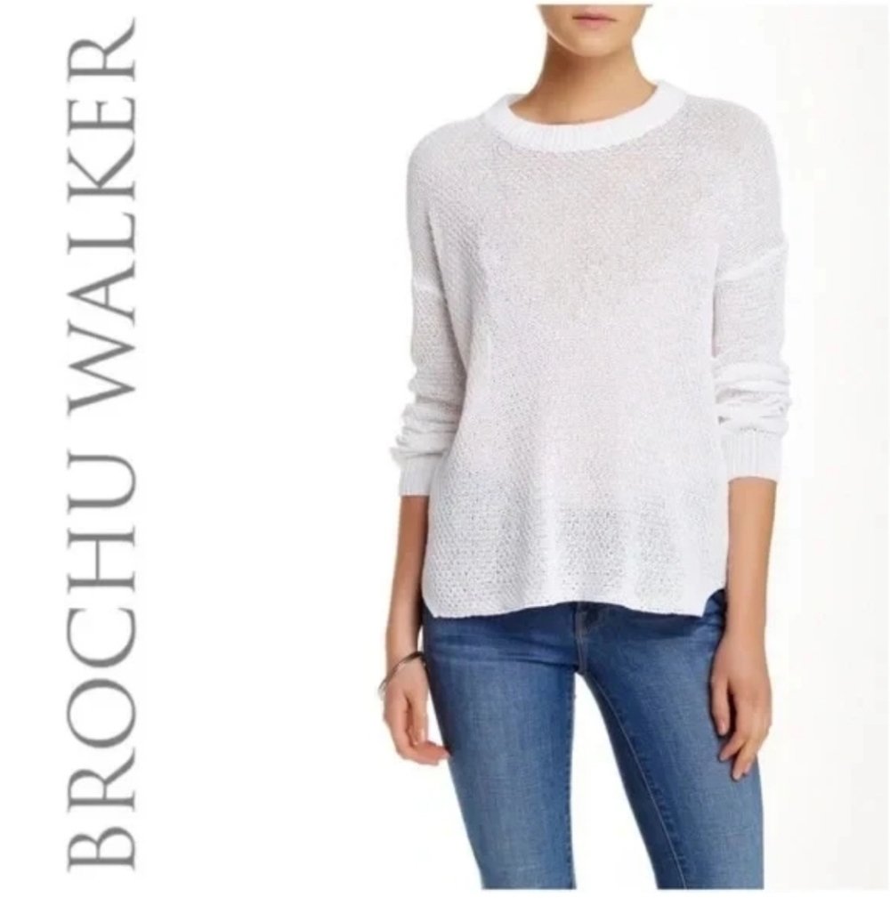 Brochu Walker Womens Classic White Crew Neck Sweater XS Chic Preppy Style Scp435